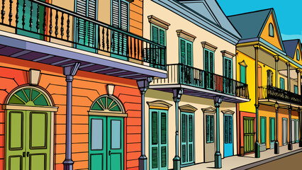 Obraz premium Historic balconied buildings with ornate ironwork and vibrant shutters line a narrow street in the charming French Quarter of New Orleans, Louisiana. 