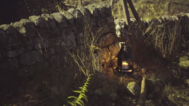 Ancient lantern beside crumbling stone wall emitting warm beacon into encroaching weeds, forest backdrop and soft golden spill evoke timeless waymarker or lost