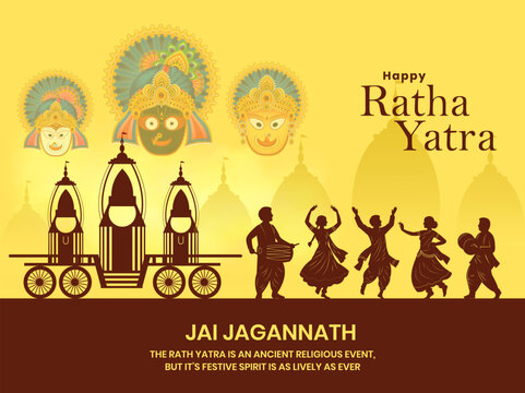Illustration of Lord Jagannath, Balbhadra and Subhadra and people celebrating on the annual Ratha Yatra Indian festival celebration.