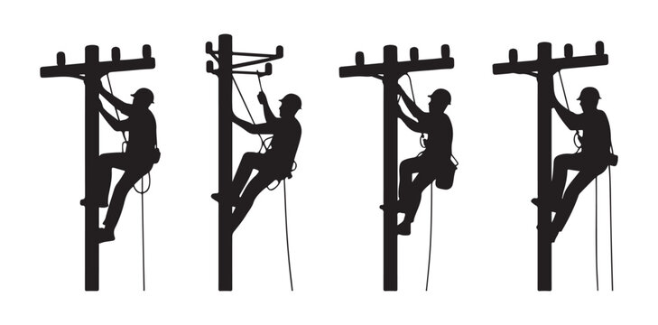 Detailed lineman silhouette repairing power lines on wooden utility poles industrial electrical service vector.
