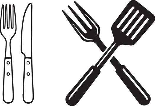 Vector illustration of kitchen utensil icons including fork and knife outline and crossed spatula with cooking fork silhouette, symbolizing dining, cooking, and culinary concepts