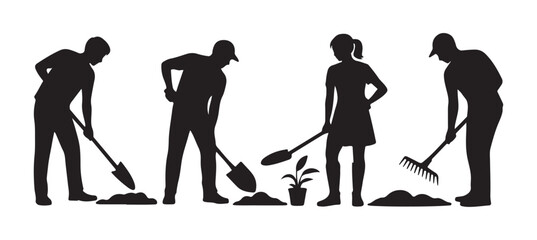 People digging, shoveling, planting seedling, and raking soil for gardening or landscaping work. © Masudur
