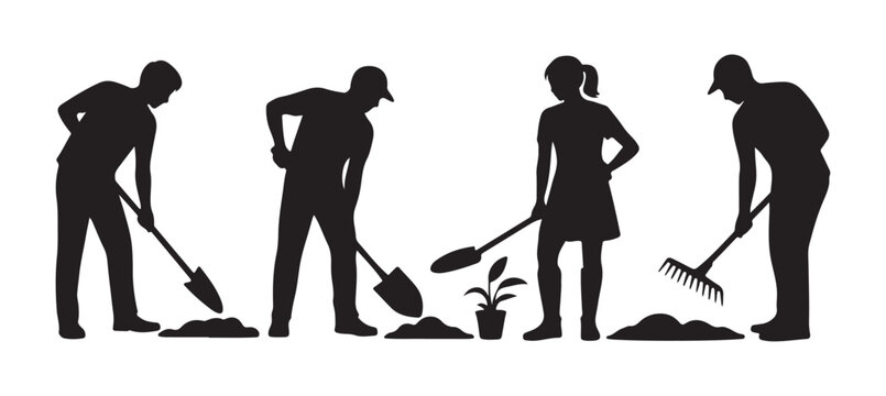 People digging, shoveling, planting seedling, and raking soil for gardening or landscaping work.