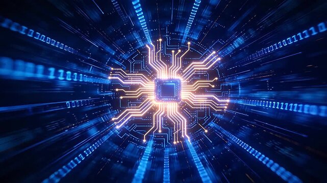 Glowing microchip surrounded by radial circuit lines and binary numbers on dark blue background