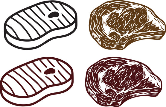 Vector illustration of meat cut icons in steak and ribeye styles with black, brown, and red variations, symbolizing food, cooking, culinary, and butcher concepts