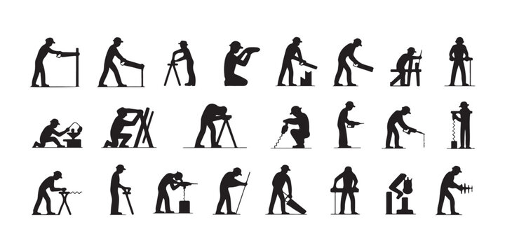 Woodworking craftsman silhouettes with tools cutting sawing drilling carpentry construction vector.