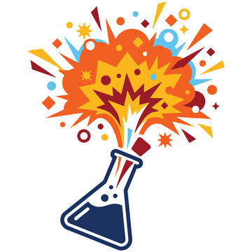 Chemical flask explosion with bright colorful sparks and laboratory bubbles