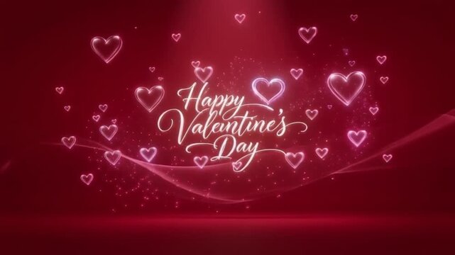 Happy valentines day calligraphy greeting with glowing pink heart animation and swirling red light motion effects