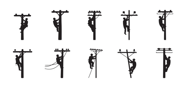 Set of silhouettes showing professional linemen working on high voltage utility poles for electrical maintenance.