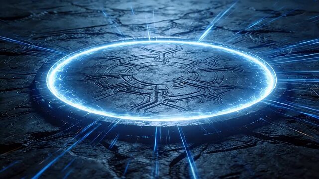 Circular glowing device with blue light ring on dark cracked ground in sci-fi setting