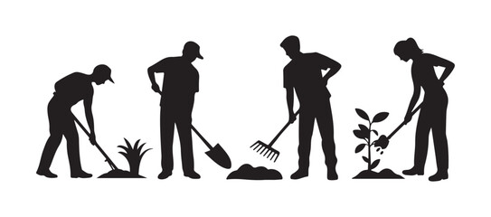Gardening silhouettes group with male and female workers using shovel and rake for planting and land care task. © Masudur