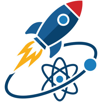 Rocket ship taking off with orbital science atom structure icon for research