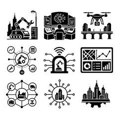 Naklejka premium Industrial automation and smart city manufacturing icons with smartcity