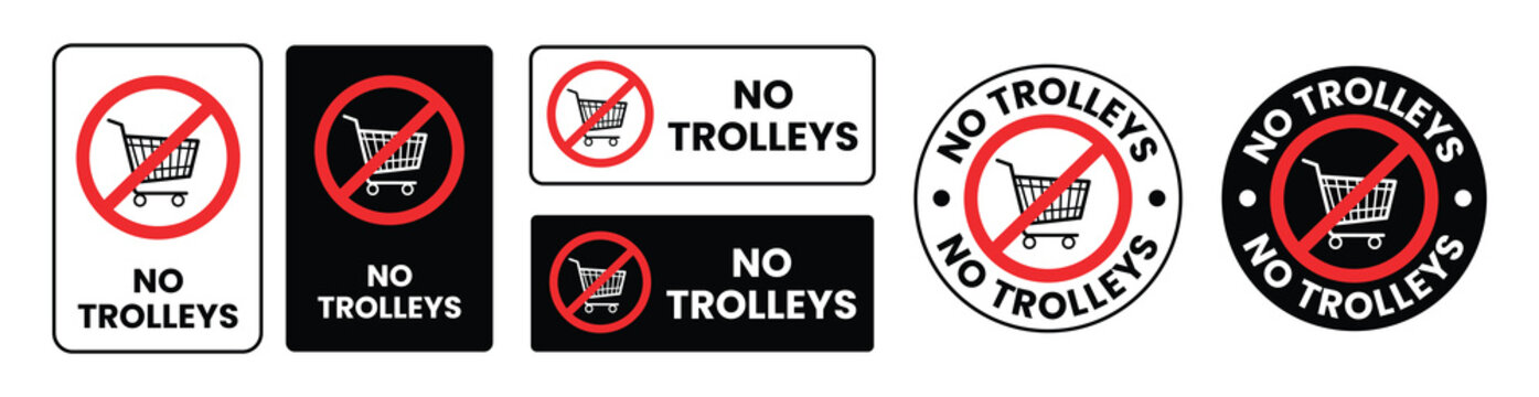 No Trolleys Signs With Shopping Carts Black And White Circular Warning Symbols signage prohibition restriction retail commerce market store supermarket round