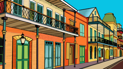 Obraz premium Historic balconied buildings with ornate ironwork and vibrant shutters line a narrow street in the charming French Quarter of New Orleans, Louisiana. 