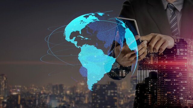 Global network connection visualization showing data exchange, digital link, worldwide communication. Global data flow and digital network infrastructure connecting regions around the world. Thunk