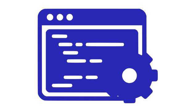 Software development icon: computer window with code and gear cog symbol