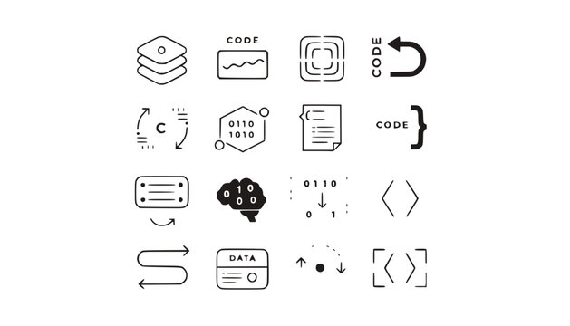 Coding and Programming Icons Set: Data, Logic, Brain, Code Brackets, Arrows