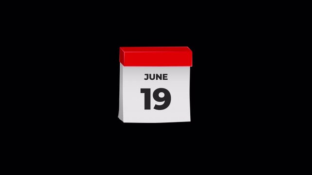 June 19 Desk Calendar Page Flip Animation and Torn, Transparent Background