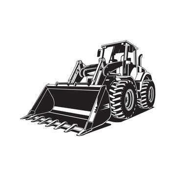 Black and white illustration of a front loader tractor