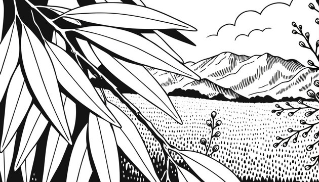 Very beautiful black-and-white engraved vector illustration featuring Eucalyptus leaves and branches in a natural landscape, with graceful foliage, rolling meadows, distant mountains, and elegant mono