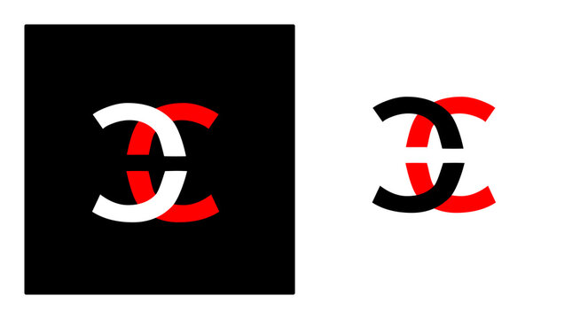 Black background holds stylized red and white design. Graphic forms interlock with bold color contrast. Simple shapes convey modern, minimalist aesthetic