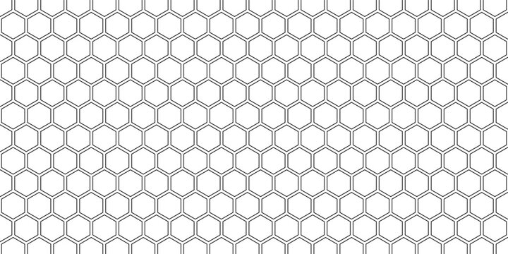 Seamless pattern with outline hexagon grid. Honeycomb net backdrop. Abstract background with geometric line grille. Black hexagon mesh, vector illustration