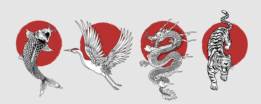 Japanese-inspired mythical creature vector set with dragon, tiger, and crane illustrations.