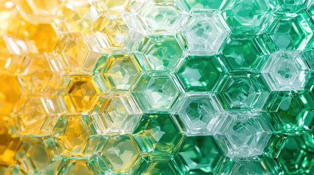 Quantum superposition states crystalline hexagonal structures transitioning transparent opaque emerald green golden yellow prismatic light effects molecular geometry