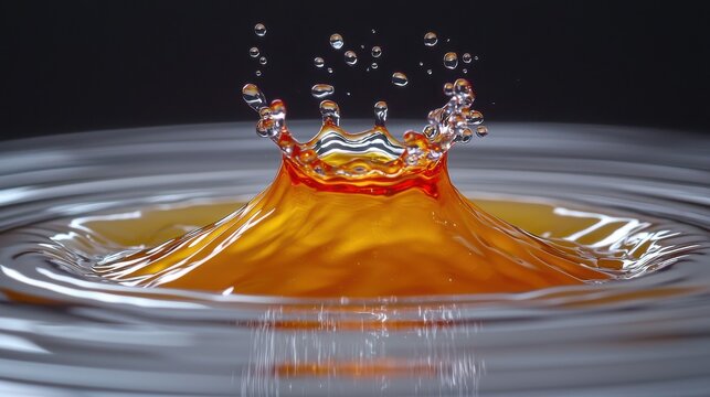 Liquid drop collision crown formation orange colored water splash macro photography high-speed capture ripple effects physics dynamics commercial stock image
