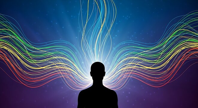 Silhouette person contemplating vibrant cosmic energy.