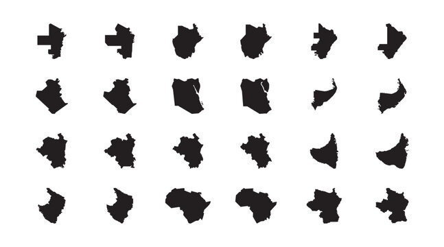 Black silhouette african country map shape icon set with algeria, kenya, angola, benin, djibouti, rwanda, brunei, africa continent geography design