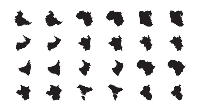 Black silhouette african country map shape icon set with ethiopia, africa continent, somalia, cameroon, reunion, equatorial guinea, and burundi geography design
