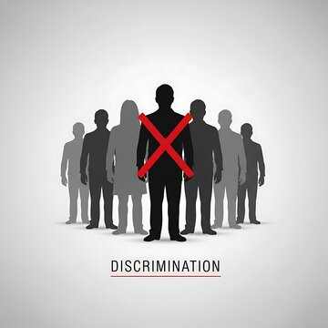 Discrimination and social exclusion concept with human silhouettes and a red cross.