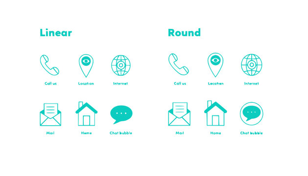 Linear and Round Contact Icons: Call, Location, Internet, Mail, Home, Chat