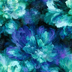 Fototapeta premium Seamless abstract pattern of cosmic nebula flowers in blue and teal