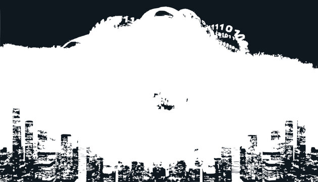 Digital Cloud City Skyline with Binary Code Data