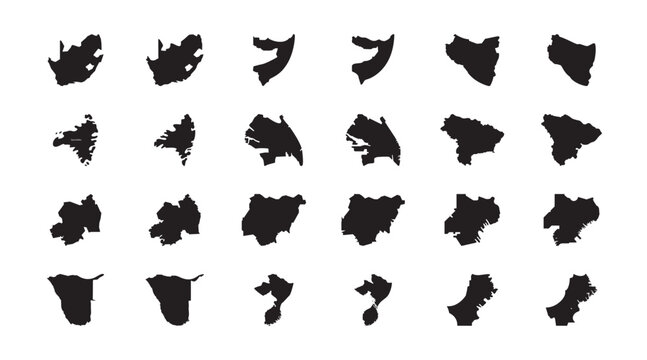 Black silhouette african country map shape icon set with south africa, somalia, nigeria, namibia, seychelles, guinea, guyana, and senegal geography design
