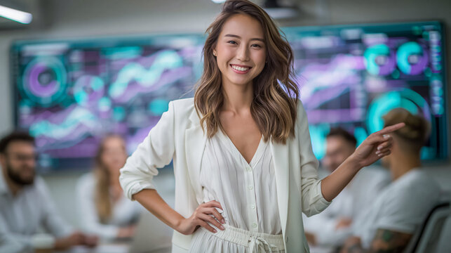 Asian female business leader pointing finger at financial stock market charts. Happy corporate trader and working team in modern office background.