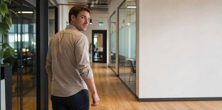 Generative AI, Businessman looking back over his shoulder while walking in the corridor