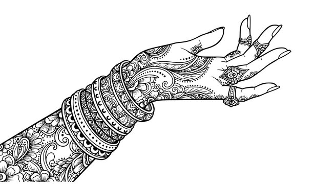 Luxury zentangle hand with bracelets and rings decorative floral tattoo style vector illustration for modern coloring book design