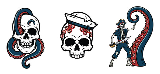 Pirate-themed skulls and sailor with octopus tentacles © colorshapppy