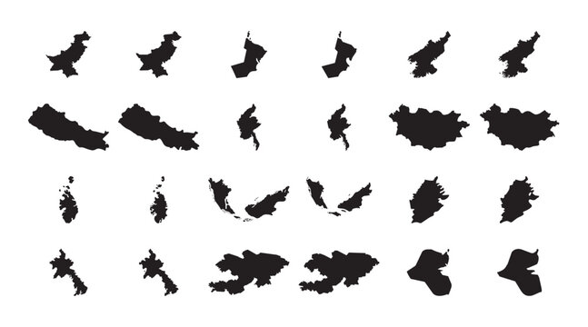 
Black silhouette asian country map shape icon set with pakistan, oman, north korea, nepal, mongolia, maldives, laos, and lebanon geography design