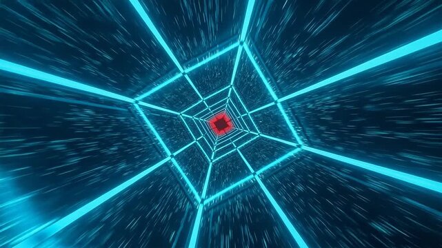 Red geometric tunnel with repeating cube lines and deep central perspective