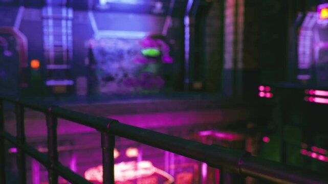 Retro Osaka game center corridor glowing purple, empty arcade lanes and pinball machines visible, nostalgic posters on brick walls, cinematic neon haze, quiet