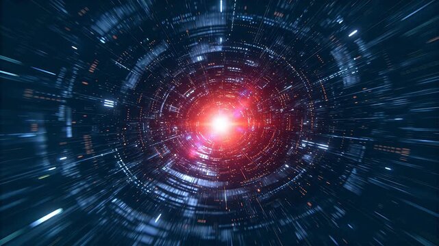 Futuristic energy burst with red blue radial rays and circular tunnel