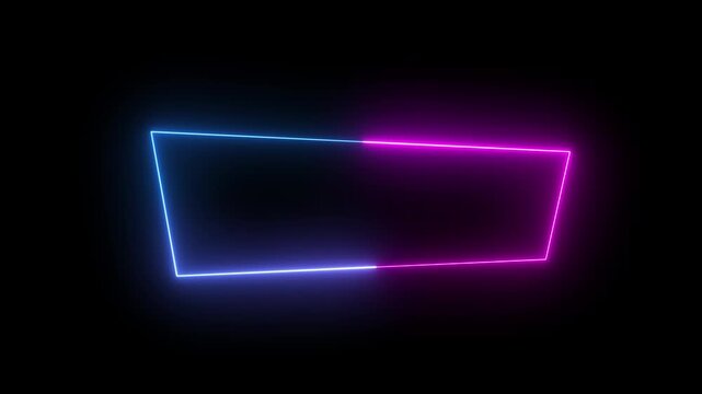 Neon glowing rectangular frame with moving pink and blue light border on black background, rectangle