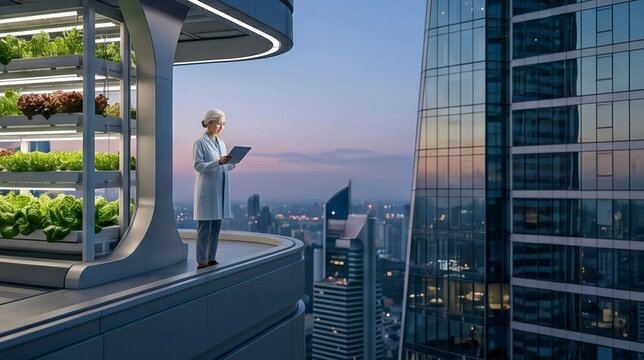 Scientist with a tablet monitoring a futuristic vertical farm on a skyscraper rooftop at twilight in a modern city