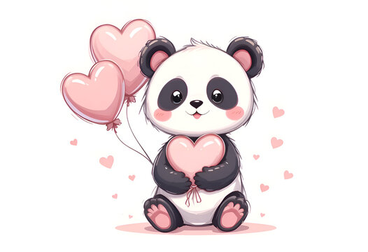 Cute baby panda holding pastel pink heart balloons