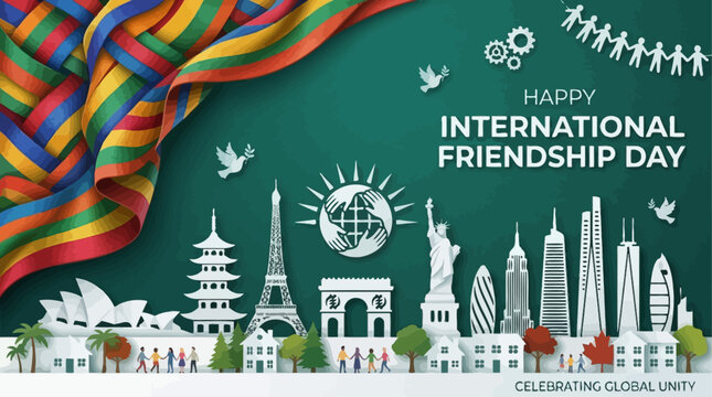 Happy International Friendship Day celebration with diverse global landmarks and colorful ribbons